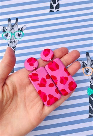 PINK AND RED LEOPARD PRINT RECTANGLE DANGLE EARRINGS
