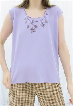 90s Vintage Lilac Floral Embroidered Beaded Top