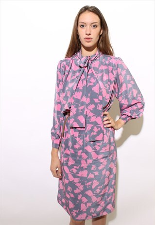 VINTAGE 1980'S 80'S GREY & PINK ABSTRACT SECRETARY DRESS M-L