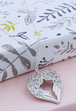 Silver Cubic zirconia Heart-shape Double Angel Wing Necklace