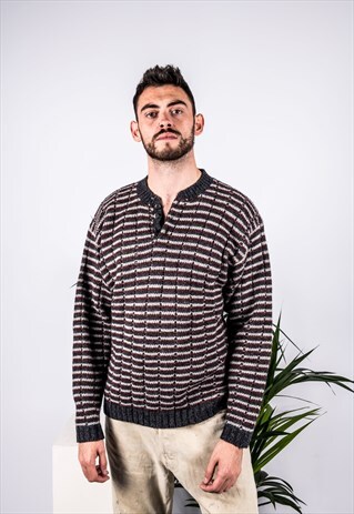 VINTAGE 1980S JUMPER WITH GREY AND MAROON STRIPES