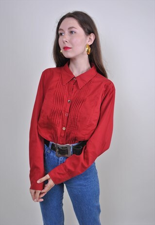 80S RED COTTON BLOUSE, VINTAGE LONG SLEEVE RUFFLE SHIRT