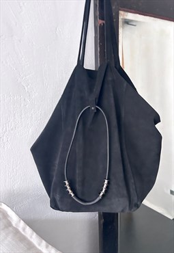 Large Black Suede Boho Bag / Tote Bag / Shoulder Bag / 