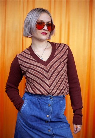 VINTAGE 70S KNITTED TOP BROWN STRIPED V NECK LONG SLEEVED