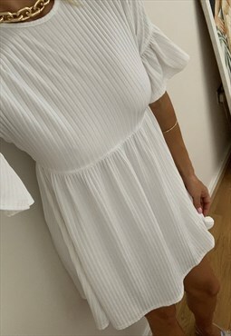 Smock Mini Dress in White Rib