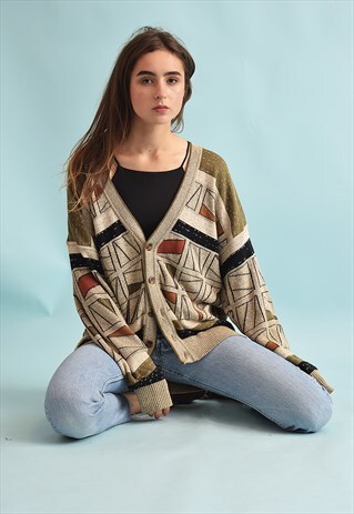 90'S RETRO KNIT ETHNIC PRINT OVERSIZED GRANDADS CARDI TOP