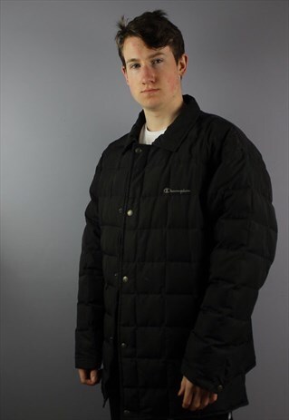 VINTAGE CHAMPION PUFFER COAT DOWN JACKET BLACK EMBROIDERY