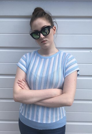 WOMENS VINTAGE 80S JUMPER SHORT SLEEVE JUMPER STRIPY TOP