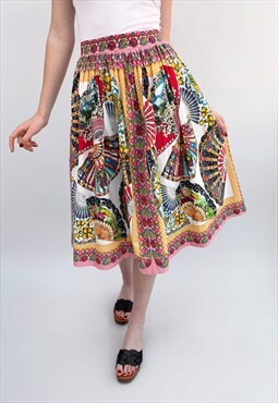 80's Ladies Vintage Skirt Mult Coloured Fan Print Midi 
