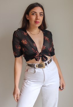 Vintage 80s Short Sleeve Sheer Blouse in Abstract Pattern