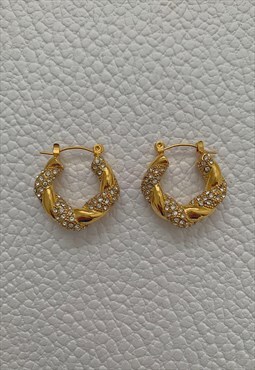 HOLLYWOOD. Gold Crystal Croissant Twist Hoop Earrings