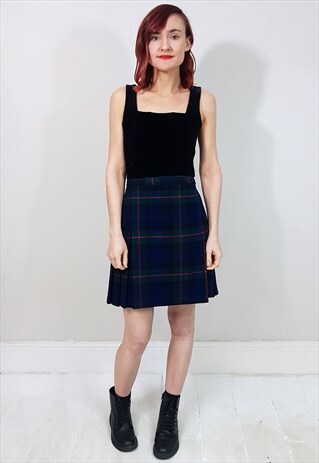 VINTAGE 90'S GREEN BLUE AND RED TARTAN WOOL MINI SKIRT