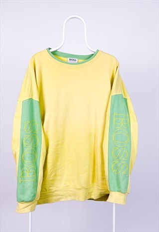 VINTAGE HUGO BOSS SWEATSHIRT SPELL OUT YELLOW GREEN XL