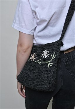 Y2k knit bag, vintage boho flowers shoulder bag