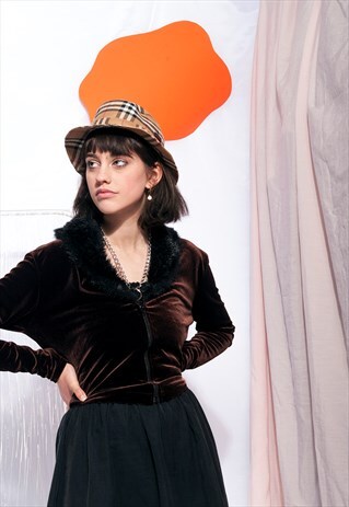 VINTAGE FAUX FUR VELVET CROP TOP 90S Y2K LONG SLEEVE ZIP TOP