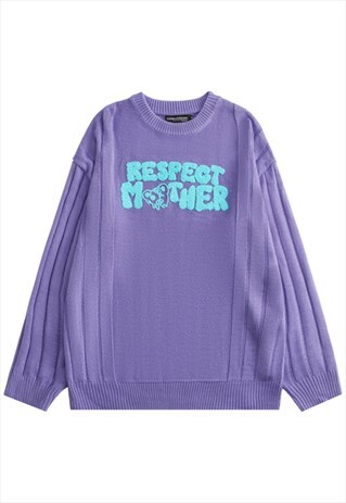 KALODIS LETTER PATTERN CREW NECK STRIPED KNIT SWEATER