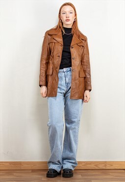 Vintage 80's Women Leather Blazer Jacket in Brown