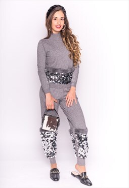 Grey Knit Top & Trousers Co-Ord with Faux fur & Sequins