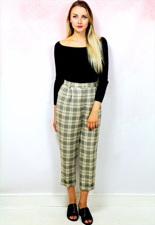 1980S VINTAGE CREAM AND GREY CHECK WOOL HIGH WAIST TROUSERS