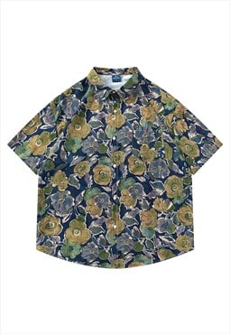 Retro flower shirt short sleeve floral blouse preppy top