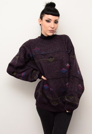 VINTAGE 90'S PLUM RETRO PATTERNED SLOUCHY JUMPER