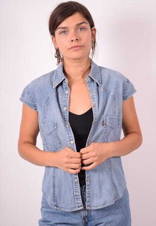 LEVI'S WOMENS VINTAGE DENIM SHIRT SLEEVELESS MEDIUM BLUE 90S
