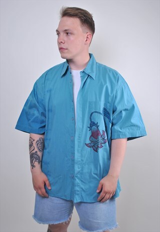 80S BLUE OVERSIZE SHORT SLEEVE SHIRT WITH FLOWER PRINT