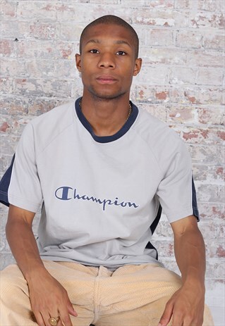 VINTAGE CHAMPION BIG LOGO T-SHIRT GREY BLUE