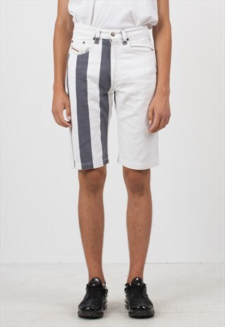 VINTAGE RETRO WHITE BLUE STRIPED DENIM MIDI SHORTS