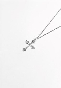 54 Floral Ornate Iced Cross Pendant  Necklace Chain - Silver