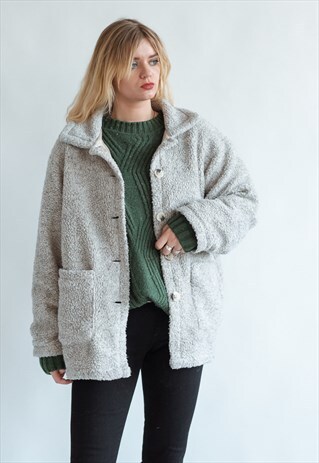 VINTAGE 80S SHORT FAUX FUR COAT WITH OVERSIZED POCKETS