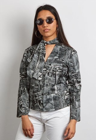 VINTAGE 90'S VERSACE DENIM PRINT NECK TIE BLOUSE