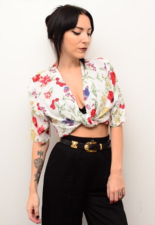 VINTAGE 90'S RETRO FRUITS FLORAL PATTERNED OVERSIZED BLOUSE