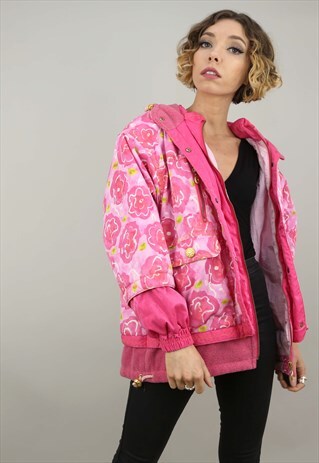 VINTAGE 80S 90S PINK FLORAL PATTERNED SKI COAT WITH HOOD