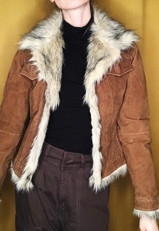 BROWN VINTAGE LEATHER JACKET WITH FAUX FUR TRIMMINGS