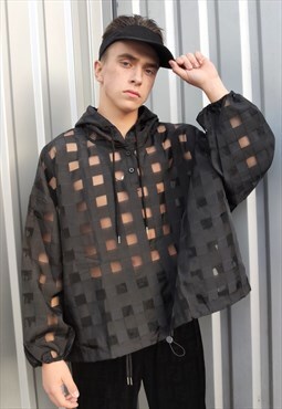 Transparent hoodie see through mesh pullover in black