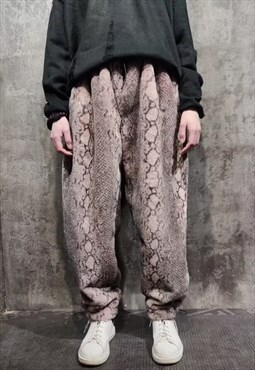Faux fur joggers handmade snake fleece pants overalls pink