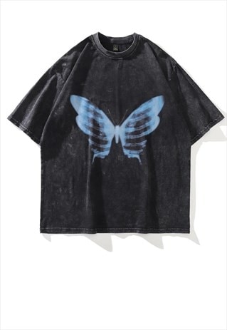 BUTTERFLY T-SHIRT GRUNGE BONES PRINT TEE SKELETON TOP GREY