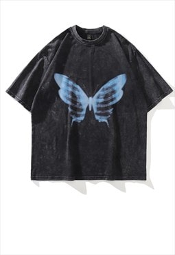 Butterfly t-shirt grunge bones print tee skeleton top grey