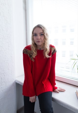 VINTAGE 80'S RED TIGER DETAILS KNITTED JUMPER