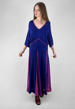 70's Vintage Blue Purple Crochet Drop Waist Midi Dress