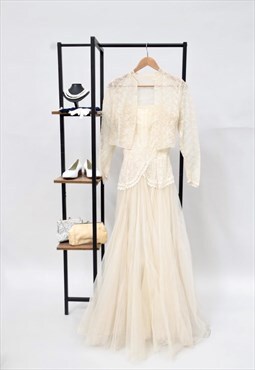 60s Vintage Cream Mesh Tulle Embroidered Wedding Dress