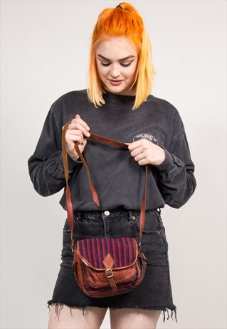 90'S VINTAGE STRIPED TAPESTRY LEATHER FESTIVAL SHOULDER BAG
