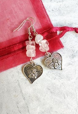 Handmade Rose Quartz Gemstone Cherub Heart Earrings