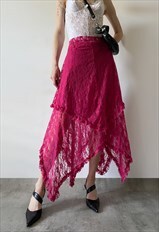 Vintage Y2K 00s asymmetric frill lace maxi skirt in pink