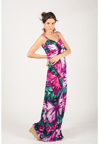 BUTTERFLY FLORAL PRINT SATIN SILKY FEELING LONG MAXI DRESS
