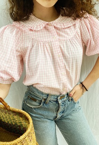 VINTAGE 50S GINGHAM CHECK MILKMAID RUFFLE BLOUSE SHIRT