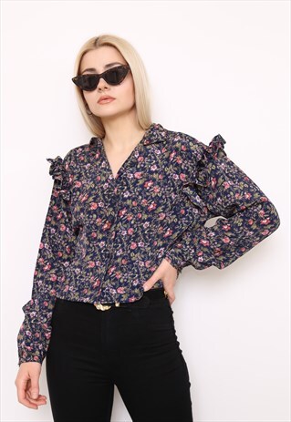 VINTAGE 90S RUFFLE DARK FLORAL PRINT SHIRT