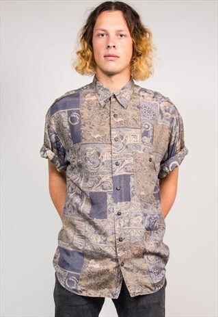 90'S VINTAGE GREY WAVEY PATTERN SILK SHORT SLEEVE SHIRT