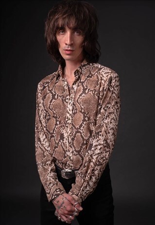 MENS SNAKE SKIN SILVER SKULL BUTTON POINTED COLLAR SHIRT